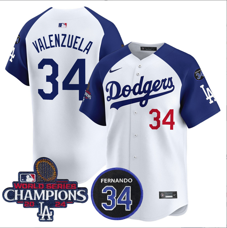 Men MLB Los Angeles Dodgers 34 Valenzuela white 2024 World Series Champions Patch Limited Jersey style 2